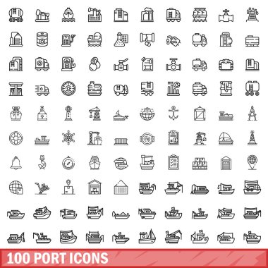 100 port simgesi ayarlandı. Beyaz arkaplanda izole edilmiş 100 port simgesinin taslak çizimi