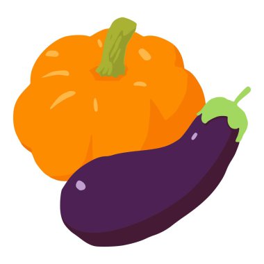 İtüzümü ürün ikonu izometrik vektörü. Patlıcanın yanında taze koparılmış balkabağı. Gıda konsepti, sağlıklı beslenme