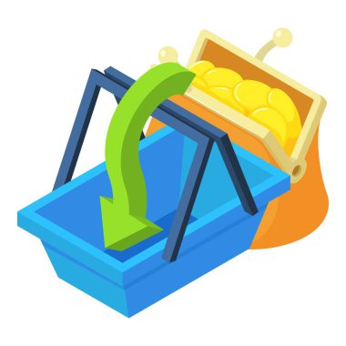 İkon izometrik vektörü satın al. Altın sikke ve alışveriş sepetli Retro cüzdan. Finans, para, alışveriş konsepti