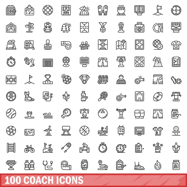 100 Iconos Entrenador Listos Esquema Ilustración 100 Iconos Coach Vector — Vector de stock