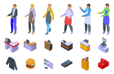 Erkek kasiyer simgeleri izometrik vektör ayarlandı. Perakende dükkanı. Mağaza ofisi