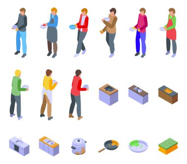 Bulaşık ikonları yıkayan adam izometrik vektör ayarladı. Ev temizliği. Kişi aracı