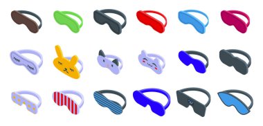 Uyku simgeleri maskesi izometrik vektör ayarlandı. Uçuş yolculuğu. Dinlen biraz.