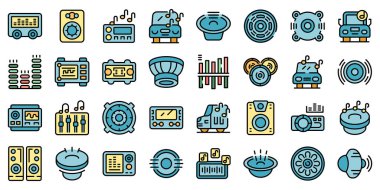 Karikatür simgeleri için akustik taslak vektörü ayarlar. Bas sesi. Otomatik cd ince çizgi rengi beyaz üzerine düz