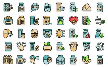 Beslenme takviyesi ikonları ana hatları belirler. Vitamin şişesi. Kapsül gıda ince çizgi beyaz üzerinde düz renk