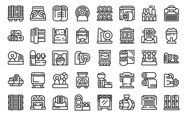 Equipment Paper Production Icons Set Outline Vector Factory Roll Wood — Stock Vector