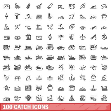 100 yakalama ikonu ayarlandı. Beyaz arkaplanda izole edilmiş 100 yakalama ikonu vektörünün taslağı