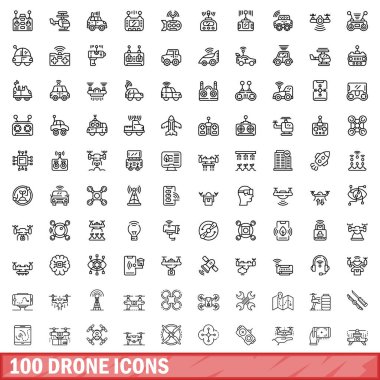 100 dron simgesi ayarlandı. Beyaz arkaplanda izole edilmiş 100 İHA simgesi vektörünün taslağı