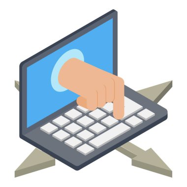 İnternet dolandırıcılığı ikonu izometrik vektörü. Ekrandan gelen el, düğmeye ve oklara basar. Çevrimiçi dolandırıcılık, internet güvenliği