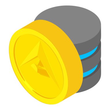 Ark kripto para birimi ikonu izometrik vektörü. Ağ veritabanı diski ve büyük Nuh 'un gemisi. Dijital para, kripto para birimi kavramı