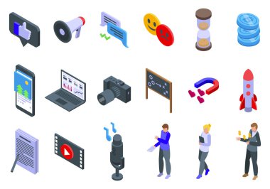 Pazarlama Uzmanı simgeleri izometrik vektör belirledi. Dijital medya. İnternet içeriği
