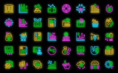 Enflasyon simgeleri dış hat vektörünü ayarlar. Maliyetli yemek. Para işi siyah üzerine neon rengi