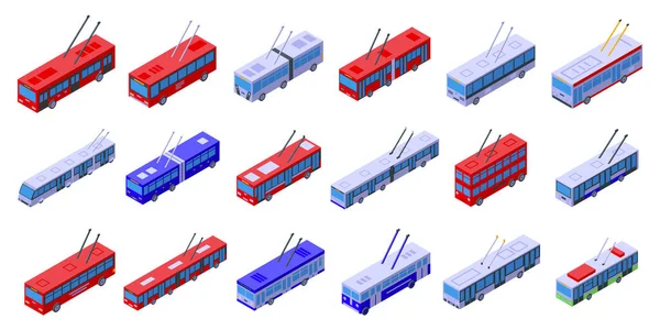 Trolleybus Iconen Stellen Isometrische Vector Transportvoertuig Elektriciteit — Stockvector