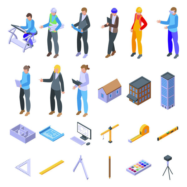 Architect icons set isometric vector. Plan interior. Project ruler