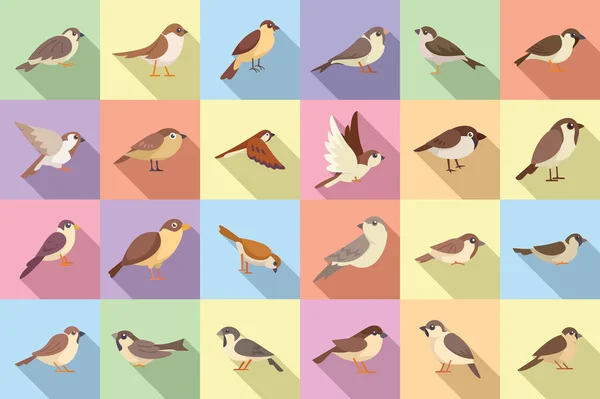 Icônes Moineau Définir Vecteur Plat Oiseau Volant Maison Arbre — Image vectorielle