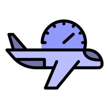 Uçuş zamanı simgesi ana hat vektörünü uçur. Seyahat saati. Uçak uçuş zamanı rengi düz