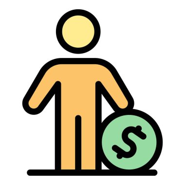 Adam para ikonu ana hat vektörünü tutuyor. Banka ödemesi. Aylık enflasyon rengi düz