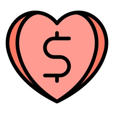 Dolarlık kalp ikonu ana hat vektörü. Para bağışı. Dünya hayırseverlik rengi düz