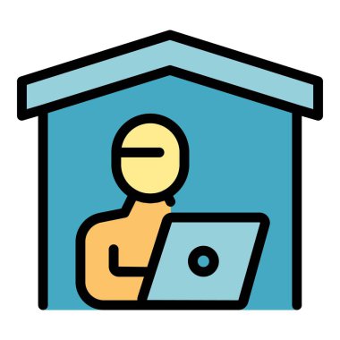 Evde eğitim ikonu ana hatları vektörü. Online okul. Eğitim bilgisayarı rengi düz