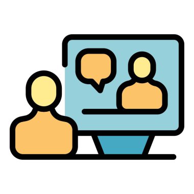 Video sınıfı simgesi ana hatları vektörü. Online rota. Sanal webinar rengi düz