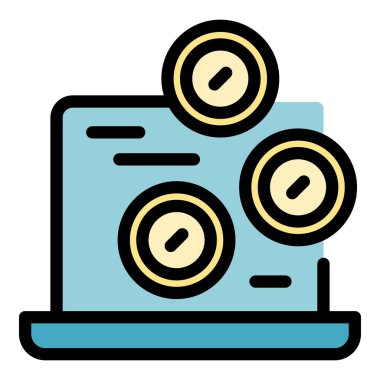 Çevrimiçi madeni para ikonu ana hatları vektörü. Para ödemesi. Elektronik servis rengi düz