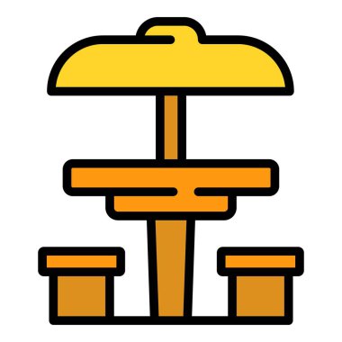 Piknik koltuğu ikonu ana hatları vektörü. Tahta masa. Tahta bank rengi düz