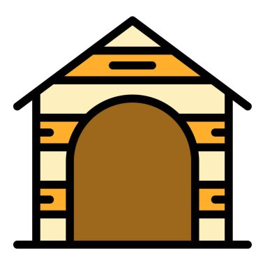 Ahşap köpek ikonu ana hat vektörü. Köpek kulübesi. Evcil hayvan evi rengi düz