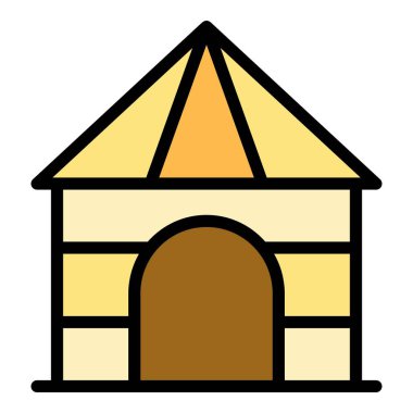 Köpek evi ikonu ana hatları vektörü. Köpek eve döndü. Tahta ev rengi düz