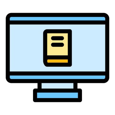 Çevrimiçi kitapçı simgesi ana hatları vektörü. Kütüphane kitapçısı. Dijital eğitim rengi düz