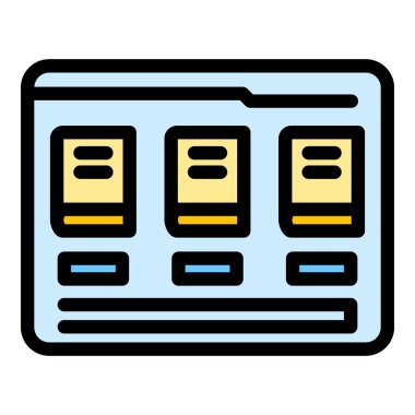 Elektronik kitapçı simgesi ana hatları vektörü. İnternetteki kütüphane. Kütüphane kitaplığı rengi düz