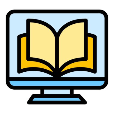 Kitap simgesi ana hat vektörünü görüntüle. Okul kütüphanesi. Bilgisayar literatürü rengi düz