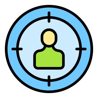 Müşteri simgesi dış hat vektörüne odaklan. Müşteri hedefi. Pazar izleyici rengi düz