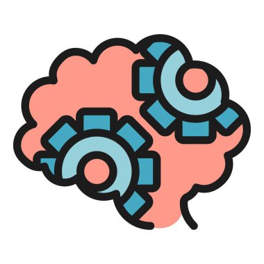 Dişli beyin ikonu ana hat vektörü. Kafası çalışıyor. Sağlık süreci rengi düz