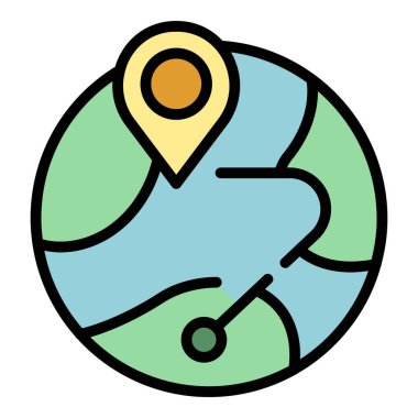 Küresel dağıtım ikonu ana hatları vektörü. Teslimat servisi. Paket taşıma rengi düz