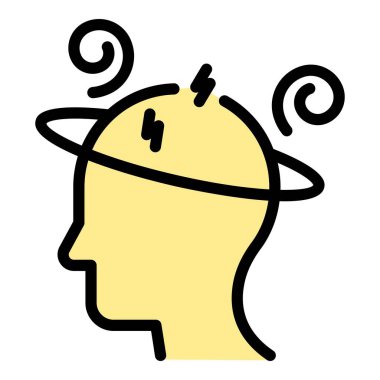 Baş döndürücü ikon ana hatları vektörü. Başım çatlıyor. Yorgun adam rengi düz