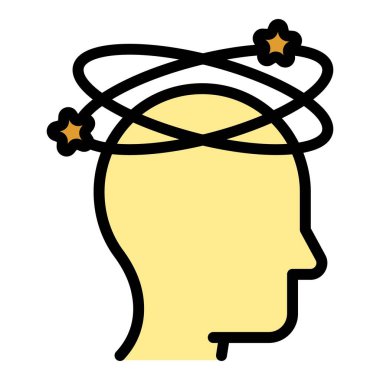 Vertigo baş simgesi ana hat vektörü. Başım çatlıyor. Kafası karışmış renk düzlüğü