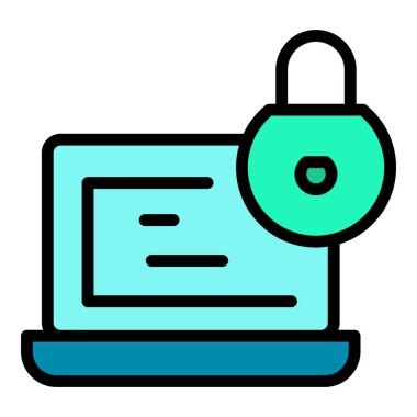 Dizüstü bilgisayar kilidi ikon ana hatları vektörü. Bilgisayar şifresi. Güvenlik kalkanı rengi düz