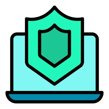 Bilgisayar savunma ikonu ana hat vektörü. Güvenli bir kalkan. Güvenlik önlemi rengi düz