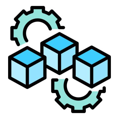 Vr dişli sistemi simgesi ana hatlı vektör. Sanal platform. Oyun video rengi düz