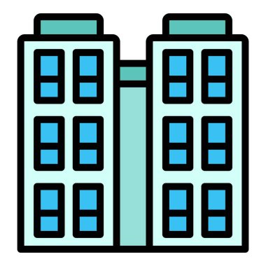 Endüstri çok katlı ikon ana hatları vektörü. Şehir binası. Ev bloğu rengi düz