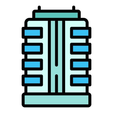 Büyük çok katlı ikon ana hatlı vektör. Şehir binası. Ev bloğu rengi düz