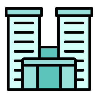 Çok katlı balkon ikonu ana hat vektörü. Şehir binası. Ev bloğu rengi düz