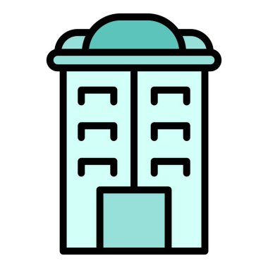 Mimari çoklu katlı ikon ana hatları vektörü. Şehir binası. Şehir evi rengi düz