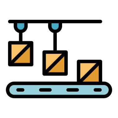 Çıktı ürünleri ikon ana hatları vektörü. Fabrika işlemi. Elle üretim rengi düz