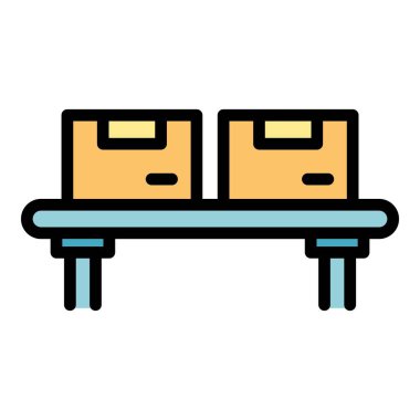 Paket üretim ikonu ana hatları vektörü. Fabrika işlemi. Endüstri taşıyıcı rengi düz