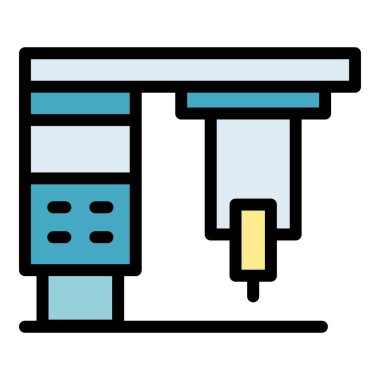 Sert cnc makine simgesi ana hatları vektörü. İş aleti. Torna fabrikasının rengi düz