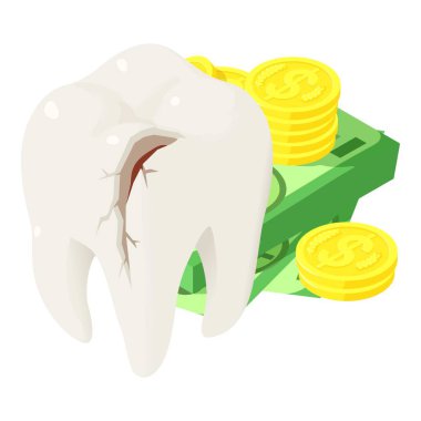 Diş hasarı ikon izometrik vektörü. Dolar banknot ve madeni paranın yanında kırık insan dişi. Diş sağlığı, stomatoloji, sağlık hizmeti kavramı