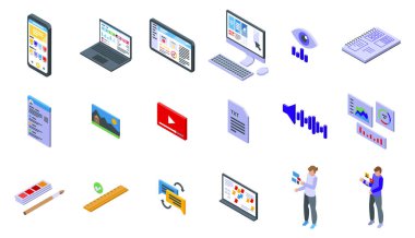 UX Tasarımcı simgeleri izometrik vektör ayarlandı. Sistem evet. Bilgisayar kullanıcısı