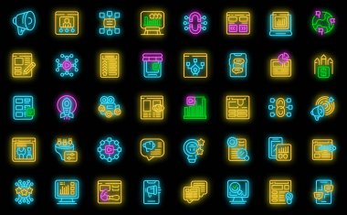 Pazarlama araçları simgeleri ana hatları belirler. Kullanıcı medyası. Siyah üzerine dijital oyun neon rengi