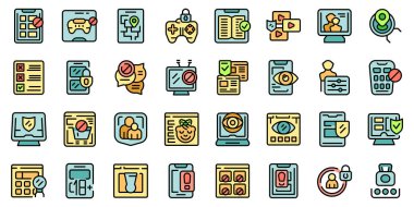 Ebeveyn kontrol simgeleri dış hat vektörünü ayarlar. Uygulamalı ebeveyn. İnternet çocuk ince çizgi beyaz üzerine düz renk